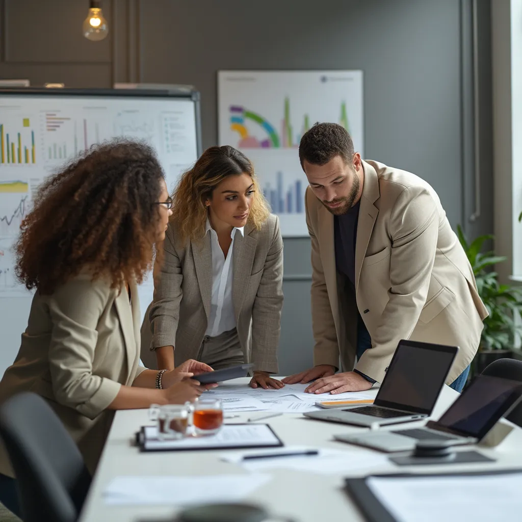 Equipo de consultores discutiendo estrategias en una oficina moderna, simbolizando la historia y colaboración de la empresa.