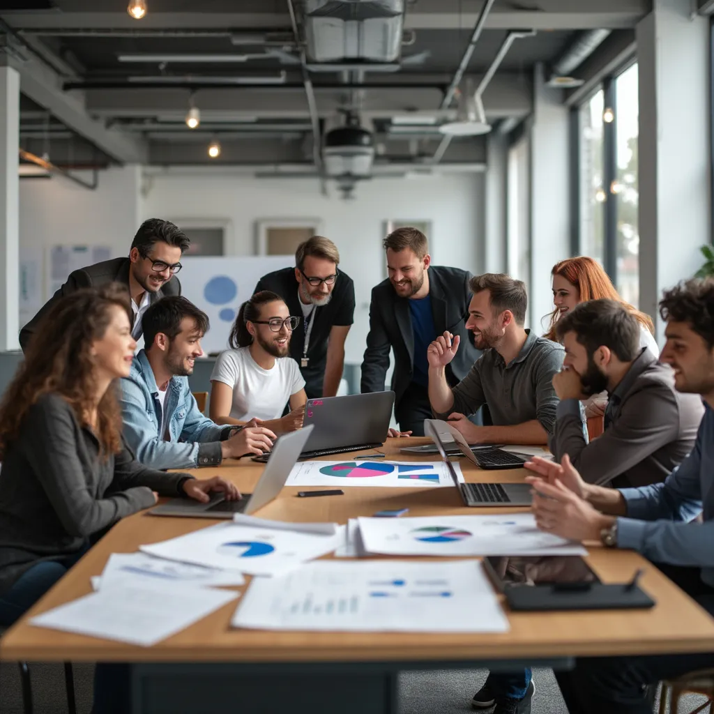 Equipo de consultores en una reunión colaborativa discutiendo estrategias.